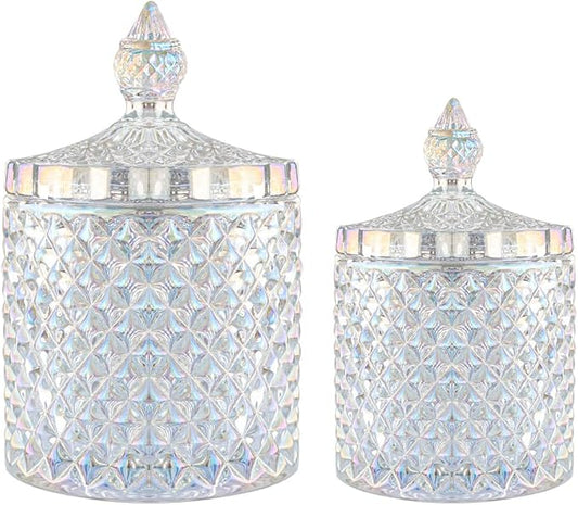 2 Pack Glass Qtip Holder, Apothecary Jars with Lids Bathroom Storage | Dazzle (10+24oz), Storage for Cotton Swabs, Balls, Pads, Floss Pick, Makeup, Candy & Jewelry, Vanity Organizer for Bathroom
