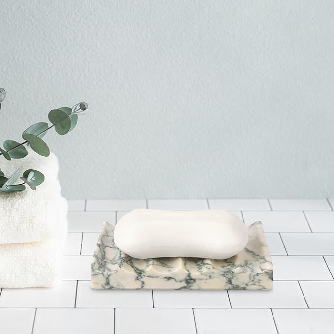 Luxury Marble Soap Dish Tray,Rectangle Stone Marble Soap Tray,Self Draining Soap Holder for Bathroom, Kitchen (Green Texture)