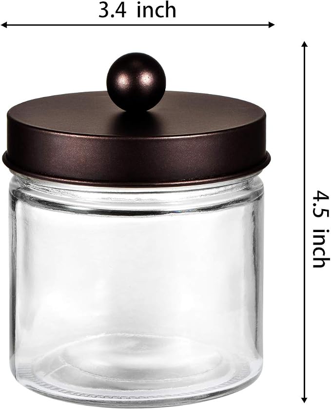 SheeChung Glass Mason Jar Qtip Holder, Bronze Stainless Steel Lids, 2 Pack | Clear Apothecary Jar Canisters Set,Bathroom Jar Dispenser,Vanity Storage Organizer for Cotton Swab,Ball,Floss,Farmhouse Decor