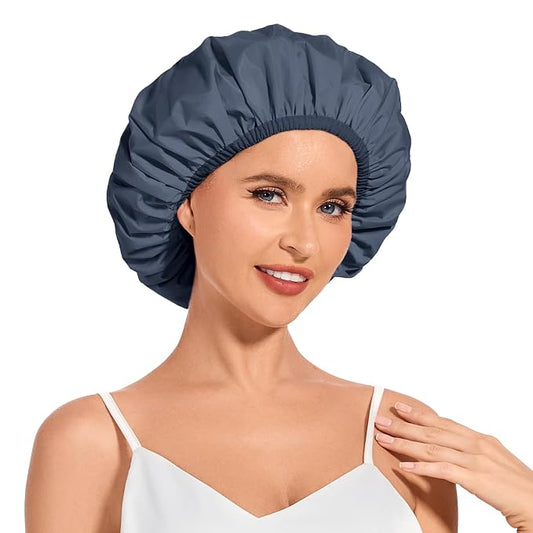 Shower Cap for Women Waterproof Reusable, Large Shower Cap Non-Slip with Elastic Band, Washable Bath Hair Hat for Long Hair, Braids (Navy Blue)