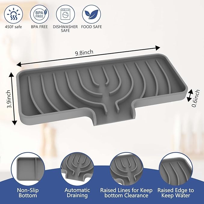 JACZZO Silicone Sponge Holder for Kitchen Sink, (10x4 In) Sink Caddy with Drain Spout, Self Draining Soap Tray & Organizer, Kitchen Accessories,Bathroom Organizer, Easy to Clean (Grey)