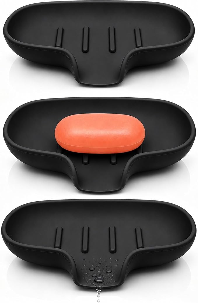 AIMAIAIMAI 3 Pack Soap Dish, Soap Dishes for Bathroom, Shower, Silicone Soap Bar Holder, Soap Tray for Kitchen, BPA-Free, Dishwasher Safe (Black)