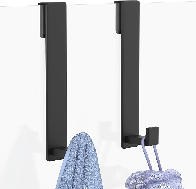 PMMASTO 10 Inch Extended Shower Door Hooks for Frameless Glass Bathroom, Stainless Steel Heavy Duty Over Door Towel and Robe Hanger (Black, Fits 3/8" Thick Door- L Shape)