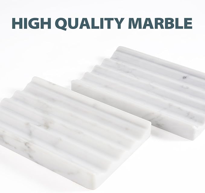 Soap Holder, Marble Soap Dish for Shower, Bar Soap Holder with Water Ripple Design, Easy Cleaning Soap Saver for Kitchen Sink，Bathroom, Executive Italian Natural Stone Soap Tray(Bianco Carrara)