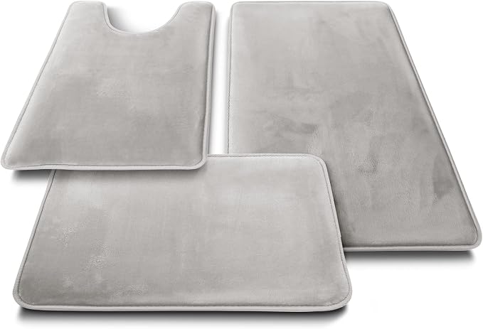 Clara Clark 3 Piece Bathroom Rugs Bath Mat Set, Velvet Memory Foam Bath Mats for Bathroom - Non-Slip, PVC Backing Bath Rugs, Washable - Dries Quickly, Silver