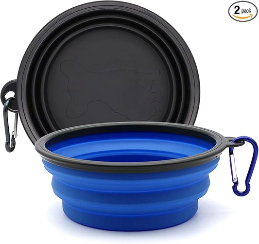 2-Pack Small Dog Travel Bowl, Collapsible Bowls for Dogs | Foldable Cat Water Bowl, Portable Pet Feeding Watering Traveling Dish (Black & Dark Blue)