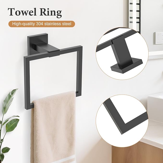 TURS 5-Piece Bathroom Hardware Set Matte Black Towel Bar Set Bath Towel Holder Sets SUS 304 Stainless Steel Wall Mounted Towel Rack Sets for Bathroom.