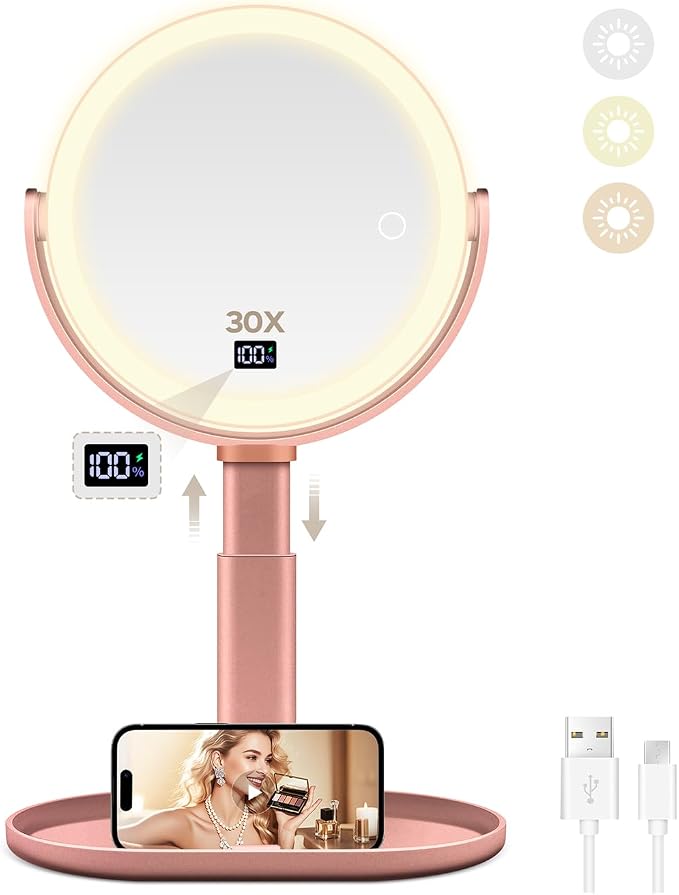 MIYADIVA Travel Makeup Mirror with Lights, Height Adjustable 30X/1X Double-Sided Magnifying Mirror, Portable Vanity Mirror with Digital Display & Phone Holder, Handheld Tabletop, Soft Rose Gold
