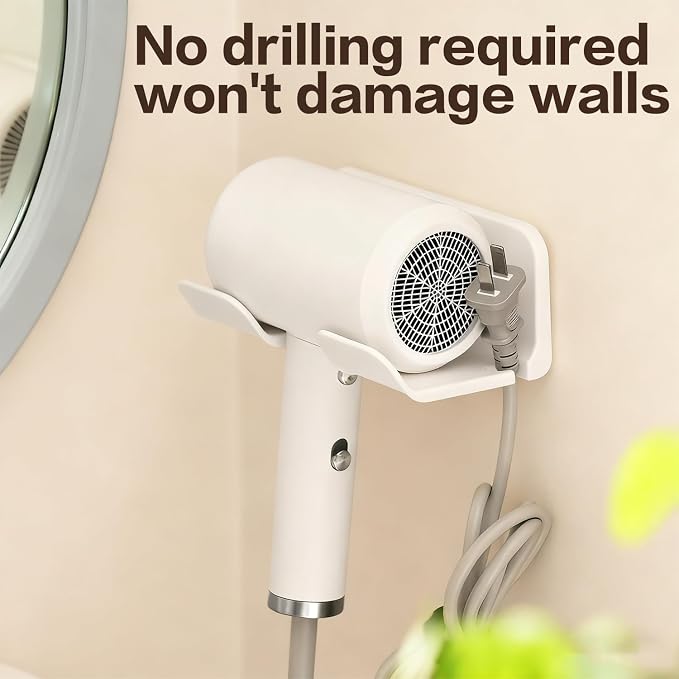 Universal Hair Dryer Holder Wall Mount -2PCS Adhesive Blow Dryer Holder With Plug Slot Organizer Hanger for Bathroom Cabinet Storage, Fits Most Hair Dryers, White