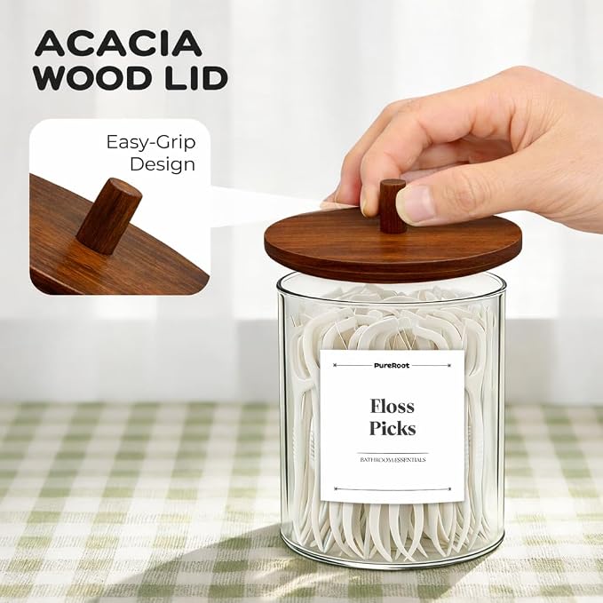 15oz & 10oz Glass Qtip Holder with Acacia Wood Lids, 6 Pack Apothecary Jars | Small Glass Dispenser Jars with Labels, for Cotton Swabs, Cotton Balls, Pads, Floss Picks, Toothpicks, Vanity Organization