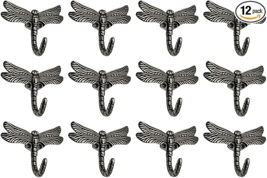 12 pcs Antique Silver Dragonfly Decorative Wall Hooks for Hanging Coats, Keys, Towels, Bags, and More