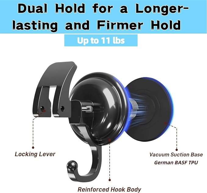 Heavy Duty Suction Cup Wreath Hanger - Professional Vacuum Suction Hooks for Front Door Glass Window, Waterproof Shower Hooks for Towel Loofah Bathrobe, 11lbs Max Load (4 Pack, Black)