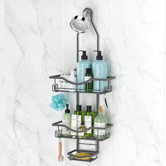 REINHARDT Adjustable Shower Caddy Hanging Rustproof Shower Organizer, Grey | Shower Caddy Over Showerhead, Extra Long, No Drilling, Anti-Slip, Fast Draining, Soap Holder, 12 Hooks, Bathroom Accessories