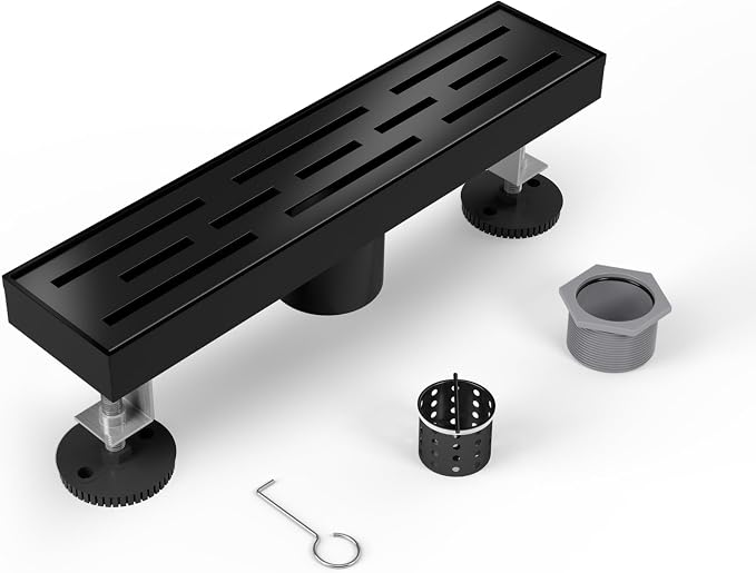 Shower Drain Stainless Steel for Bathroom: Black Linear Shower Drain 12 Inch with Removable Brick Pattern Grate - Adjustable Rectangular Shower Floor Drain with Hair Strainer (Matte Black)