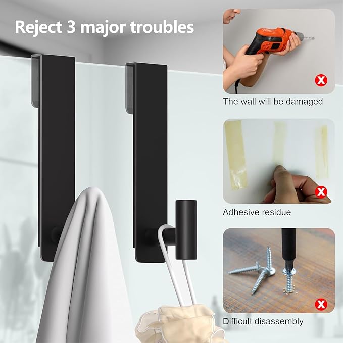 Shower Door Hooks, (7.5 Inch) Extended Towel Hooks for Bathroom Frameless Glass Shower Door, Stainless Steel Heavy Duty Hooks for Hanger Robe,Towel (Black ''T'' Shape 2 Pack)