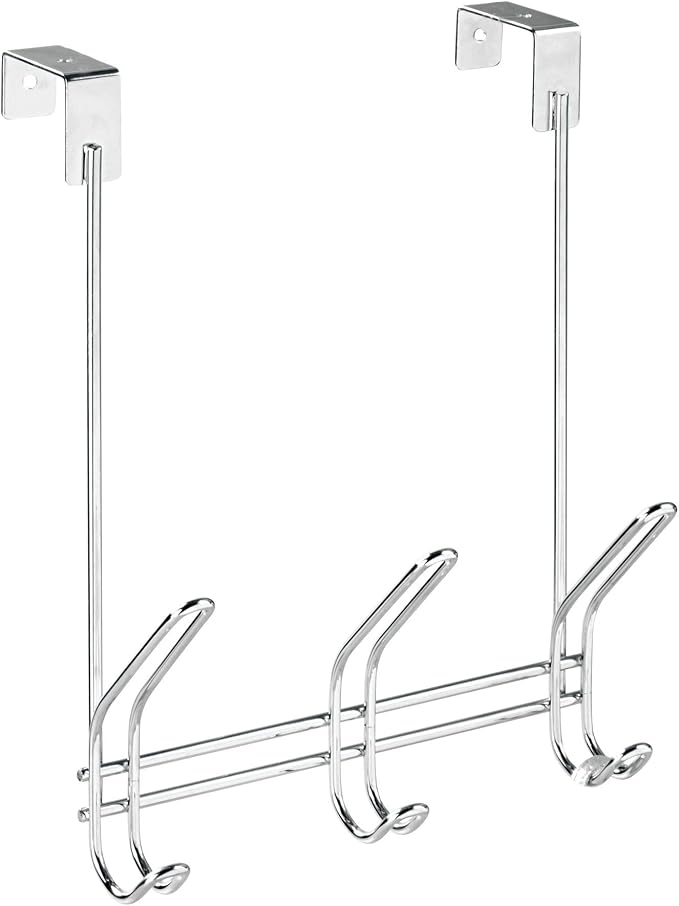 iDesign Classico Metal Over the Door Organizer, 3-Hook Rack for Coats, Hats, Robes, Towels, Jackets, Purses, Bedroom, Closet, and Bathroom, 5" x 8.2" x 12.5", Chrome