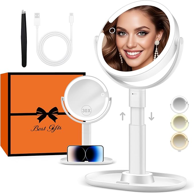 B Beauty Planet Vanity Mirror with Lights, 30X Magnifying Makeup Mirror, 3 Lighting and Adjustable Brightness, Rechargeable 2-Sided Height Adjustable Desk Mirror for Bedroom, Gifts for Women Black