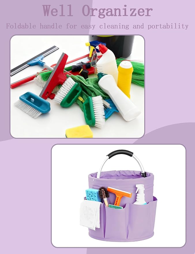 Cleaning Caddy with Handle, Cleaning Products Organiser, Foldable Storage Basket, Large Supply Organiser 17L with 6 Pockets, Portable Cleaning Caddy for Home & Garden (Purple)