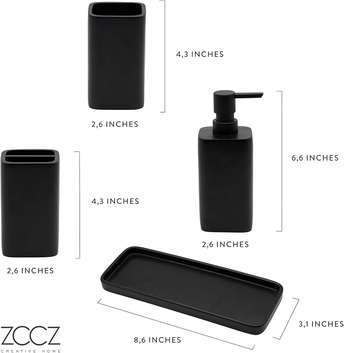 Bathroom Accessory Sets, 4 Pieces Bathroom Accessories Complete Set Vanity Countertop Accessory Set, Includes Lotion Dispenser Soap Pump, Tumbler, Toothbrush Holder and Tray (Matte Black)