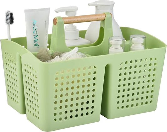 Portable Shower Caddy Basket with Wood Handle, 3-Compartment Bathroom Organizer Tote with Drain Holes, Plastic Shower Basket for Dorm, Toiletries, Cleaning Supplies,Grass Green