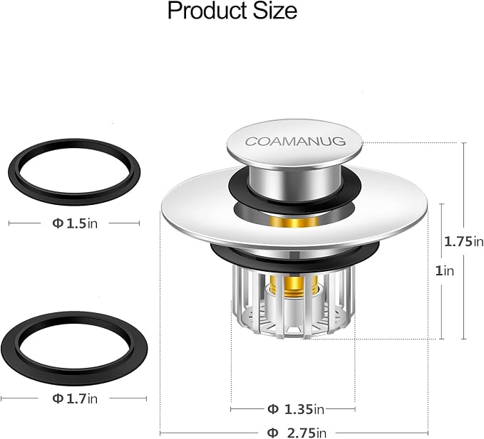 COAMANUG Bathtub Stopper | Shower Drain Hair Catcher, Pop-up Tub Stopper with Strainer | Pop-up Bathtub Drain Plug | Drai Protector for 1-1/2 to 1-3/4" Bath Drain Hole- Pearl Chrome