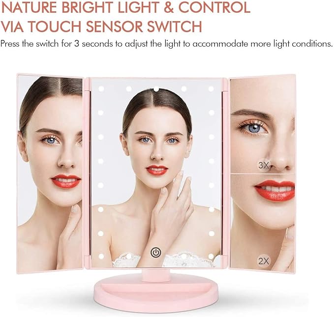 Flymiro Tri-fold Lighted Vanity Makeup Mirror with 3x/2x Magnification,Light up Mirror for Makeup,Touch Screen 21 LEDs,180° Rotation Countertop Cosmetic Mirror,Gifts for Women Mom Teen Girls