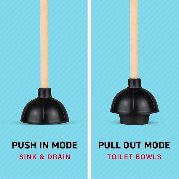 SteadMax 2 Heavy Duty Toilet Plungers, Double Thrust Rubber Cup Wood Handle