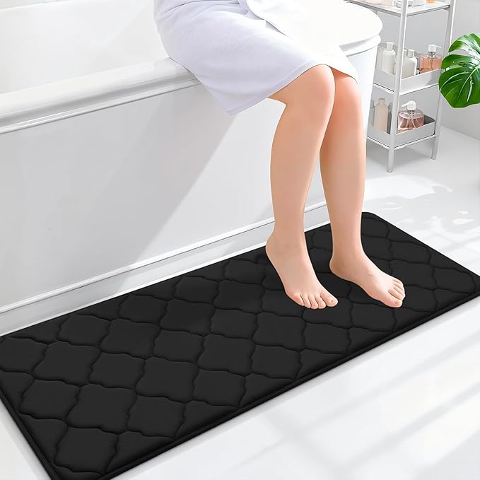OLANLY Memory Foam Bath Mat Rug 47x17, Ultra Soft Bathroom Rugs, Black | Thick Absorbent Carpet, Non-Slip Backing, Machine Washable, for Bathroom Floor, Tub, Shower and Home Decor Accessories