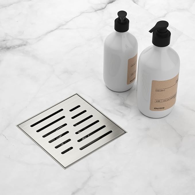 6 Inch Square Shower Drain, EMBATHER 304 Stainless Shower Floor Drain and Shower Drain Cover Included Hair Catcher and Leveling Feet, Brushed Nickel