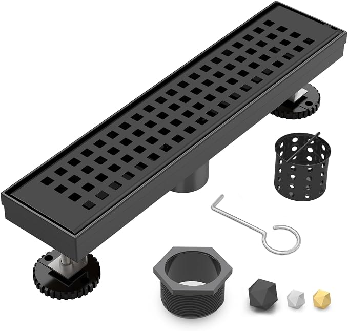 Linear Shower Drain | 18 Inch AISI 304 Stainless Steel Shower Drain, Matte Black Linear Drain with Removable Quadrato Grate Cover & Adjustable Feet, Rectangle Floor Drain, in Bathroom Balcony etc