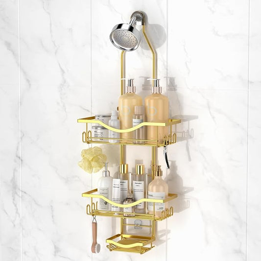 REINHARDT Adjustable Shower Caddy Hanging Rustproof Shower Organizer, Gold | Shower Caddy Over Showerhead, Extra Long, No Drilling, Anti-Slip, Fast Draining, Soap Holder, 12 Hooks, Bathroom Accessories