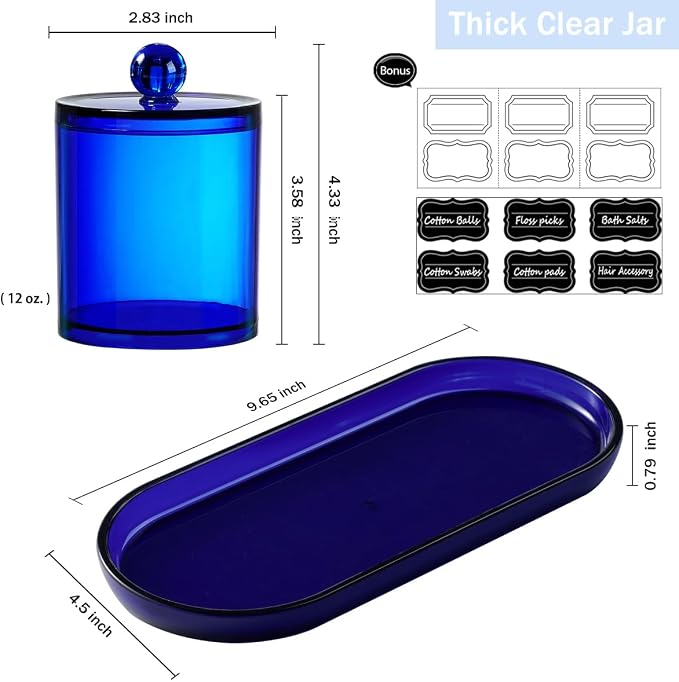 SheeChung 3 PCS Qtip Holder Bathroom Set with Tray, Acrylic Apothecary Jars | Blue Qtip Dispenser with Lid and Labels, Bathroom Qtip Holder Set for Cotton Ball, Cotton Swab 1 Pack Bathroom Vanity Tray