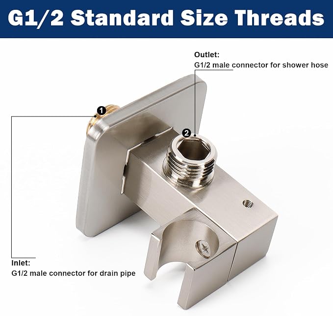 NearMoon Wall Supply Elbow with Handheld Shower Holder - Square Shower Bracket with Flange G1/2 Shower Hose Connector, Wall Mounted Drop Union Male Water Outlet (Brushed Nickel)