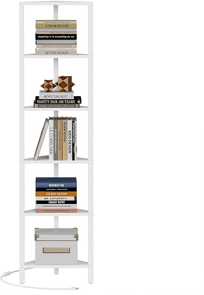 TUTOTAK 6-Tier Corner Bookshelf with LED Light,Corner Shelf for Small Space, Narrow Display Corner Shelf Stand with Storage Rack, for Living Room, Bedroom, Pure White V1BS05BW006L