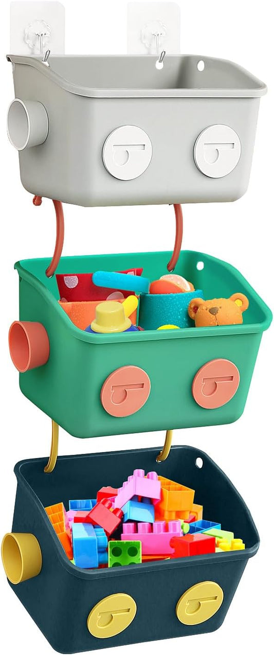 Bath Toy Storage Organizer Basket, 3 Pack Cute Robot Bathtub Shower Toy Organizer, Wall Mounted Hanging Bath Toy Holder with Hooks, for Tub Laundry