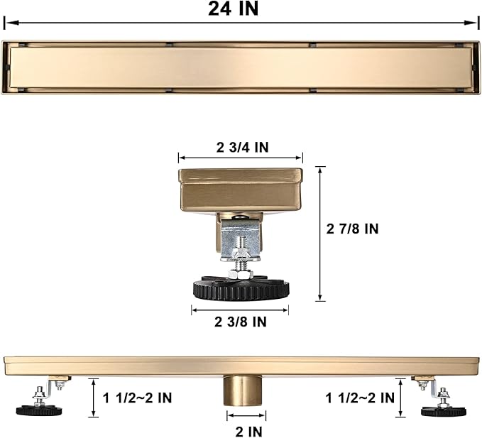 AVSIILE Linear Shower Floor Drain, Brushed Gold 24 Inch 304 Stainless Steel Bathroom Drains Kit, Rectangular Shower Trench Drain with Reversable Tile-in Pattern Drain Cover & Hair Catcher