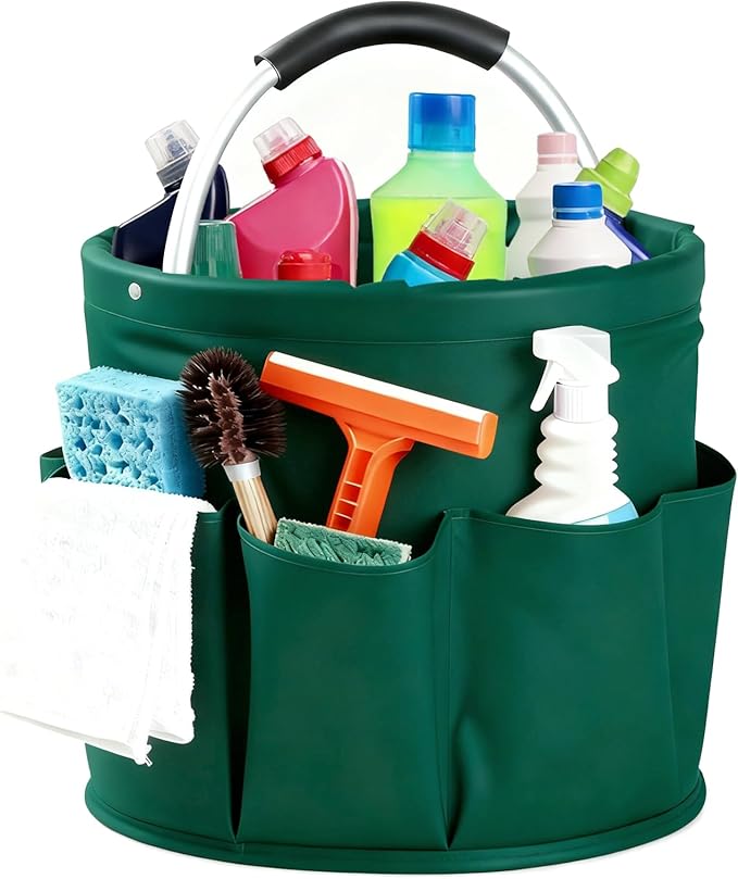 Cleaning Caddy with Handle, Cleaning Products Organiser, Foldable Storage Basket, Large Supply Organiser 17L with 6 Pockets, Portable Cleaning Caddy for Home & Garden (Green)