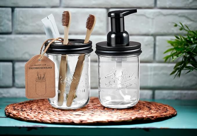 Sheechung Mason Jar Toothbrush Holders, Glass Toothbrush Holders for Bathrooms, Electric Toothbrush Toothpaste Holder Black, Bathroom Organizers and Storage, Bathroom Essentials, Farmhouse Decor, 2Pcs