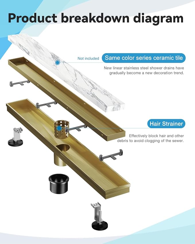Linear Shower Drain, 42 Inch Titanium GoldShower Drain with Removable Tile Insert Grate, 2 in 1 Bathroom 304 Stainless Steel Brushed Gold Shower Floor Drain with Adjustable Feet,Hair Filter