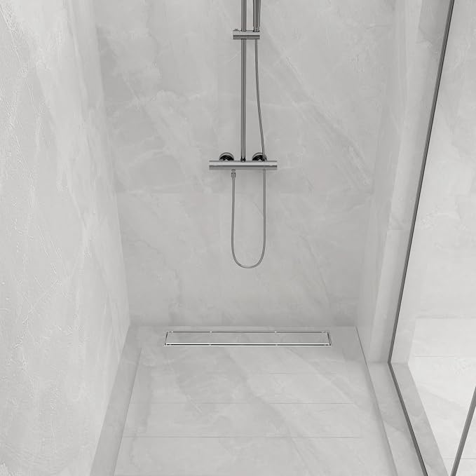 24-Inch Linear Shower Drain with Tile Insert Grate, SUS 304 Stainless Steel Linear Drain, Brushed Nickel Long Rectangle Shower Floor Drain with Leveling Feet, Hair Strainer, Fits Bathroom
