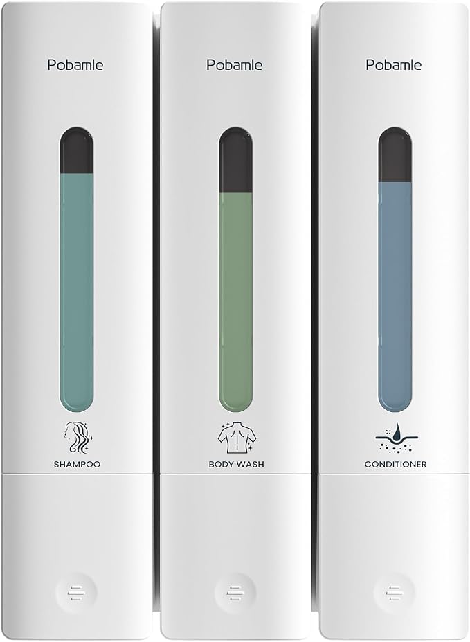 Shampoo and Conditioner Dispenser - Shower Soap Dispenser Wall Mounted No Drill - Shampoo Conditioner Body Wash Dispenser 3 Chamber - Easy Install for Bathroom Hotel White 1200ml