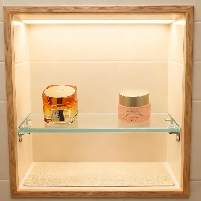 11.81” Tempered Glass Niche Shelf with 4 Small Brackets for Tile Niches Wooden Niches 8mm Thick Shower Niche Shelf for Bathroom Kitchen Cabinet