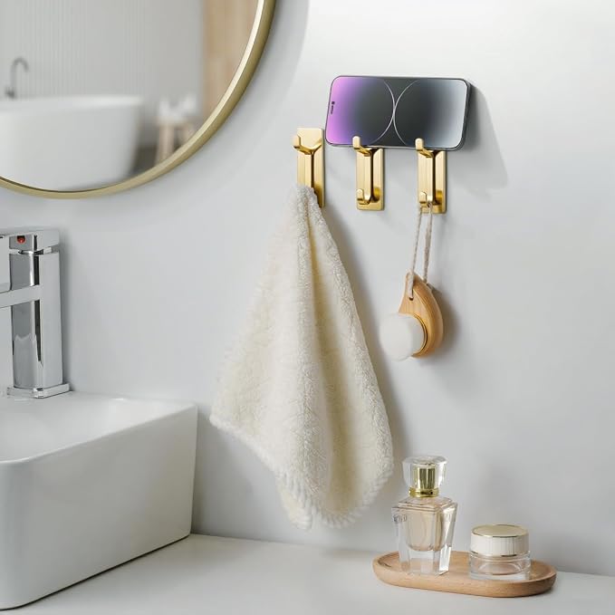 Self Adhesive Wall Hooks for Hanging: Extra Strong 13 LB, Hook for Coat, Towel in Bathrooms, Shower, Kitchen, Wall, Door Hook, Brushed Gold 4 Pack