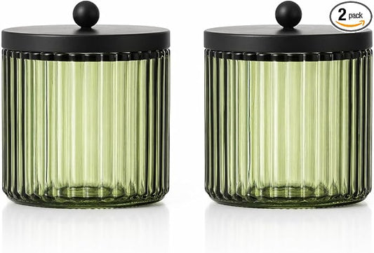 2-Pack Glass Qtip Holder Dispenser Set for Cotton Ball, Swab, Round Pads, Floss Picks - Bathroom Canister Storage Organization and Vanity Makeup Organizer(Olive Green)