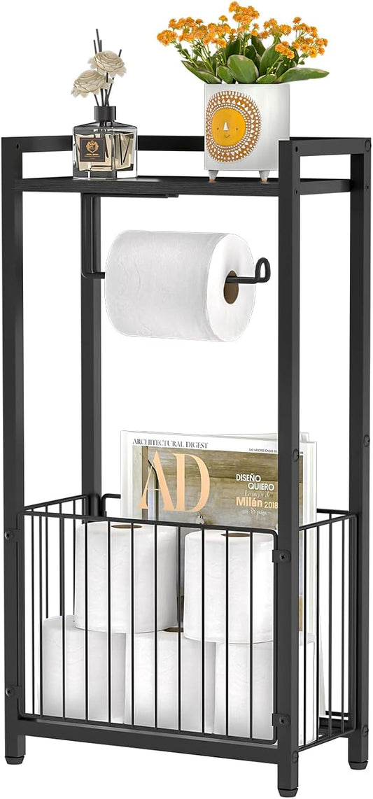 Freestanding Toilet Paper Holder with Storage Shelf | Bathroom Tissue Stand with Space for Phone, Tablet, and Magazines – All-in-One Toilet Roll Dispenser and Organizer