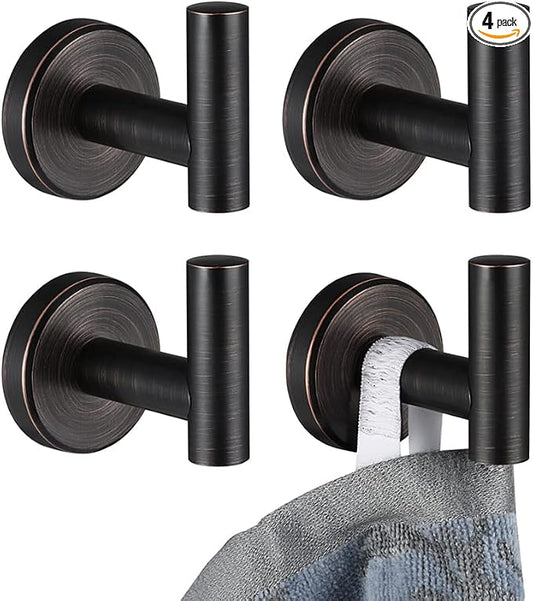 JQK Bathroom Towel Hook Oil Rubbed Bronze, 304 Stainless Steel 0.8mm Coat Robe Clothes Hook for Bathroom Kitchen Garage Wall Mounted (Pack of 4), TH100-ORB-P4