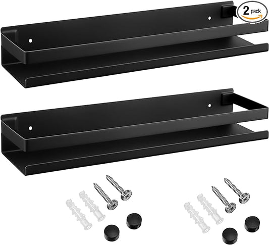 Lallisa 2 Pieces Stainless Steel Shelf Bathroom Shower Floating Shelves Wall Mounted Shower Caddy Basket Shelf Storage Organizer Shelves for Bathroom, Kitchen, Living Room(15.75 Inch/ 40 cm,Black)