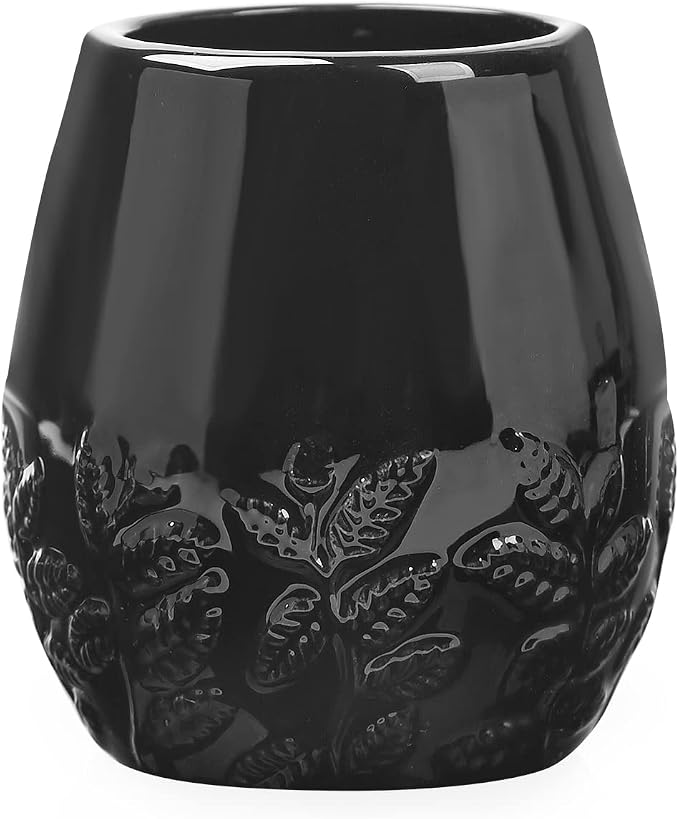 Ceramic Embossed Leaves Bathroom Accessories Set, 4 Piece Bathroom Ensemble Set with Toothbrush Holder, Toothbrush Cup, Soap Dispenser, Soap Dish(Black)