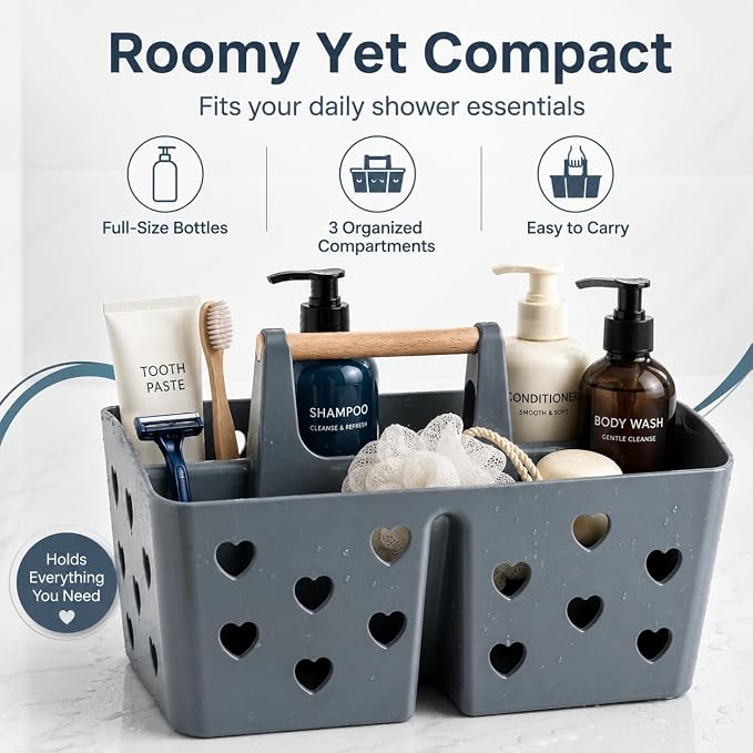 NINU Gray Portable Shower Caddy with Wooden Handle, Large Plastic Shower Basket Tote with 3 Compartments & Drain Holes, Bathroom Organizer for College Dorm, Gym, Camping, Vanity