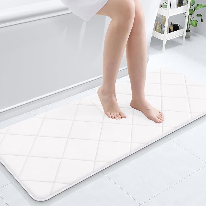 OLANLY Memory Foam Bath Mat 47x20, Ultra Soft and Absorbent Bathroom Rugs | White, Quick Dry, Machine Washable Shower Bath Rugs, Comfortable Bath Carpet for Bathroom Floor, Tub and Shower